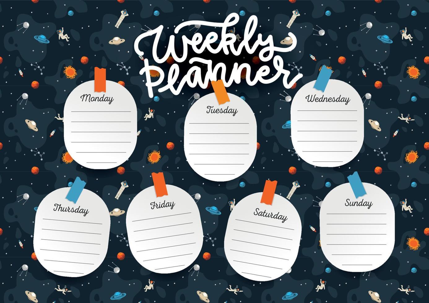 weekplanner a4 bladsjabloon. schoolrooster met melkweguniversum. schoolrooster en tijdschemaframes met planeten van het zonnestelsel, ruimteschip en sterren in de ruimte. vector platte achtergrond.