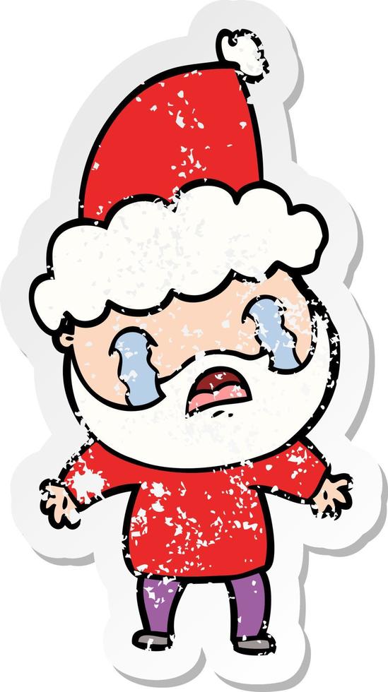 verontruste sticker cartoon van een bebaarde man die huilt met een kerstmuts vector