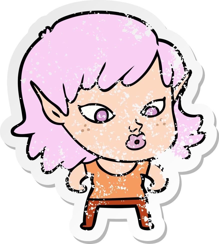 verontruste sticker van een mooi cartoon elf meisje vector