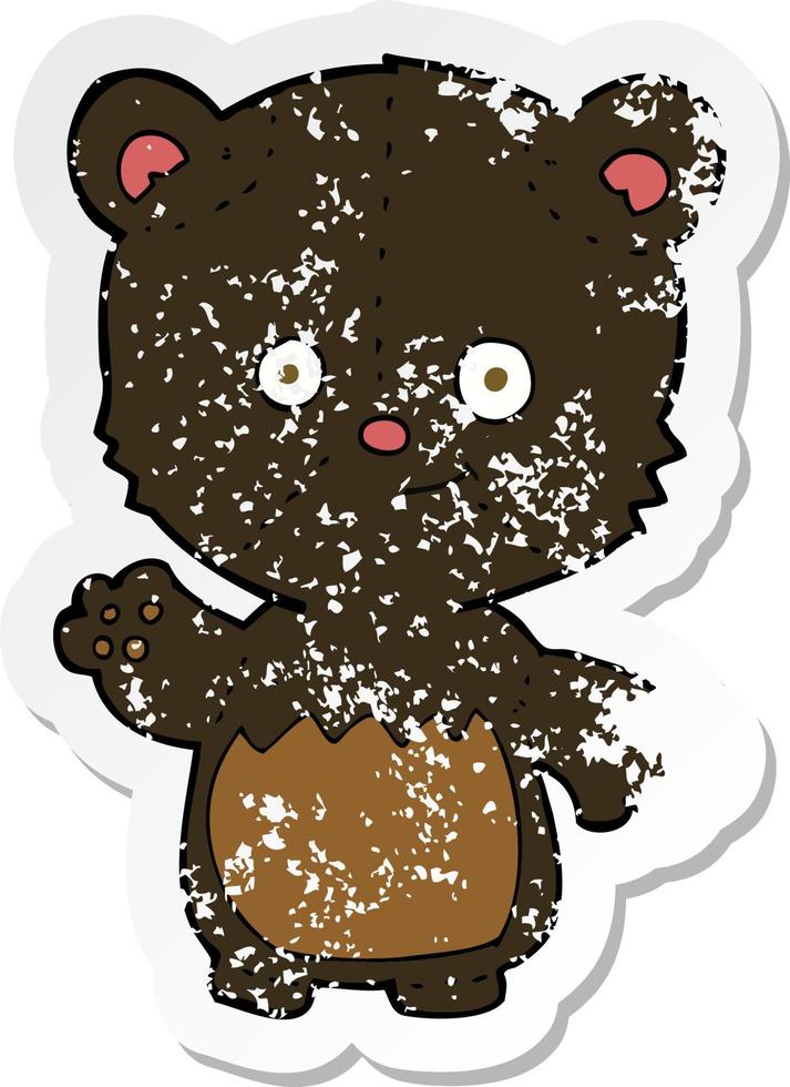 retro noodlijdende sticker van een cartoon kleine zwarte beer die zwaait vector