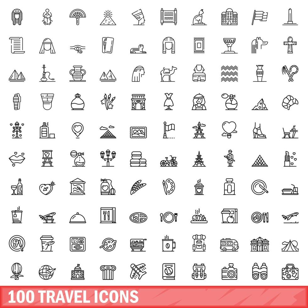 100 reis iconen set, Kaderstijl vector