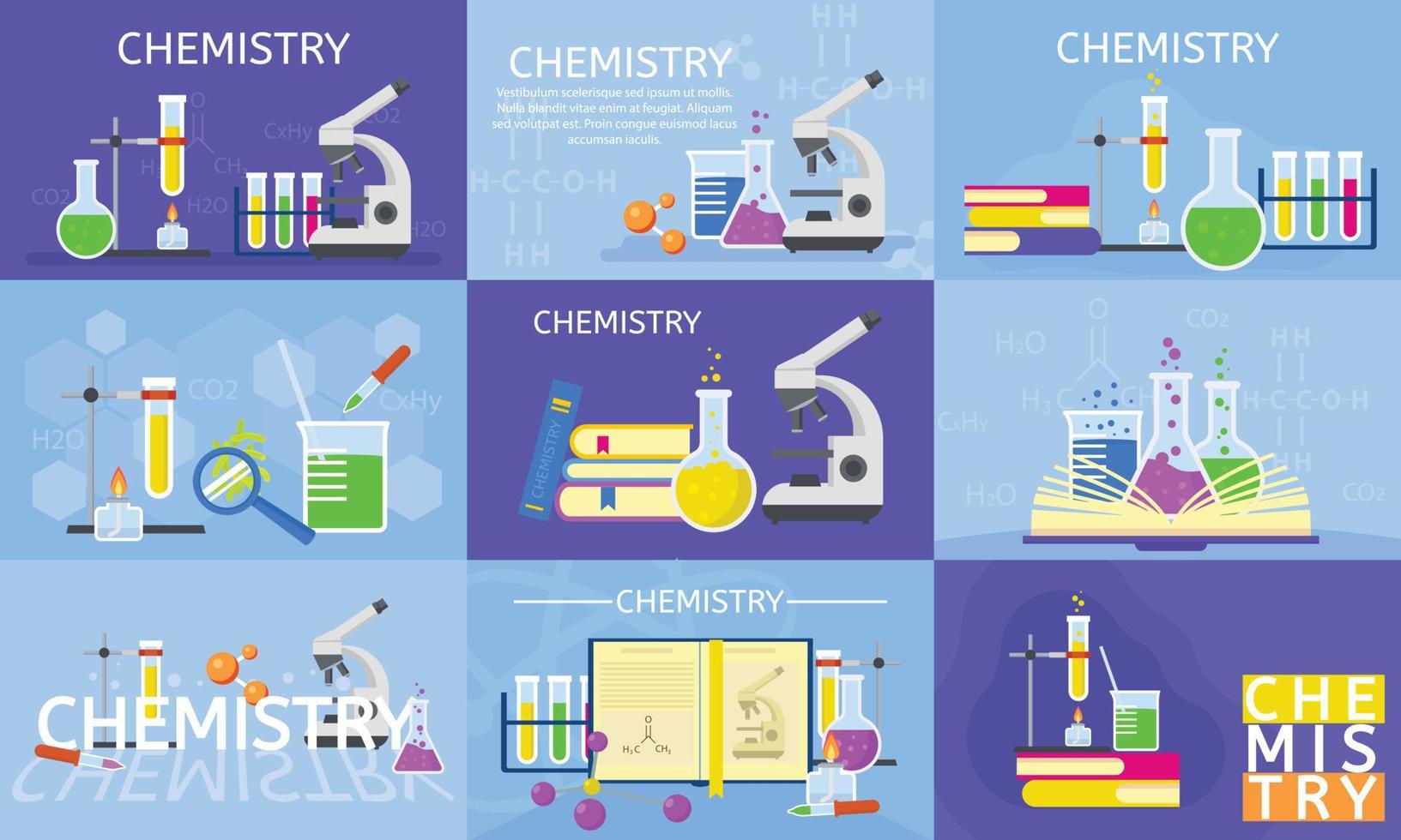 chemie lab banner set, vlakke stijl vector