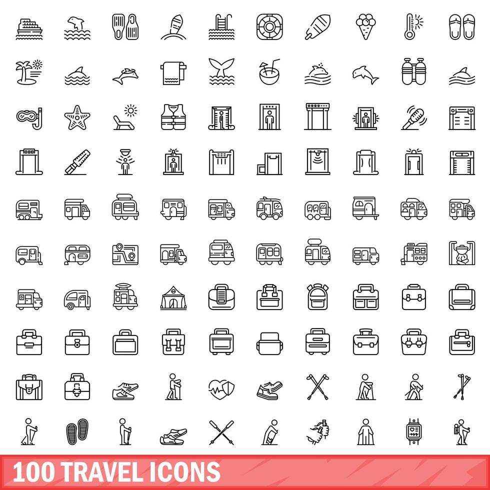 100 reis iconen set, Kaderstijl vector