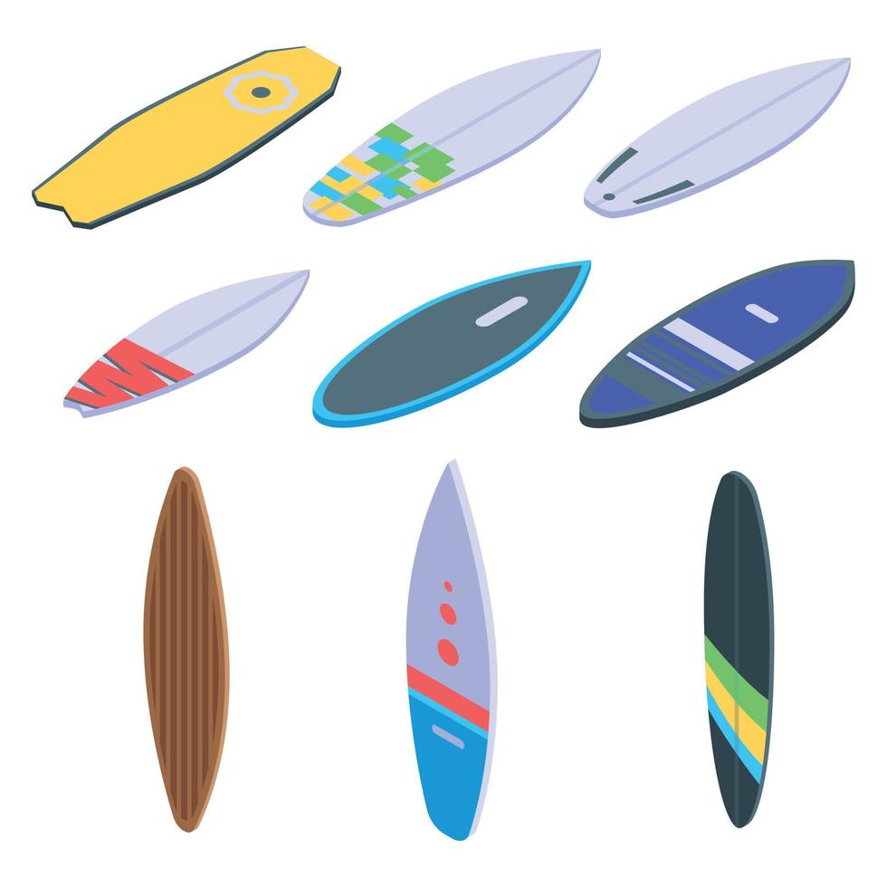 surfplank iconen set, isometrische stijl vector