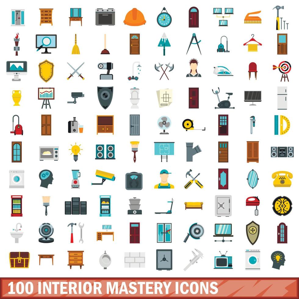 100 interieur meesterschap iconen set, vlakke stijl vector