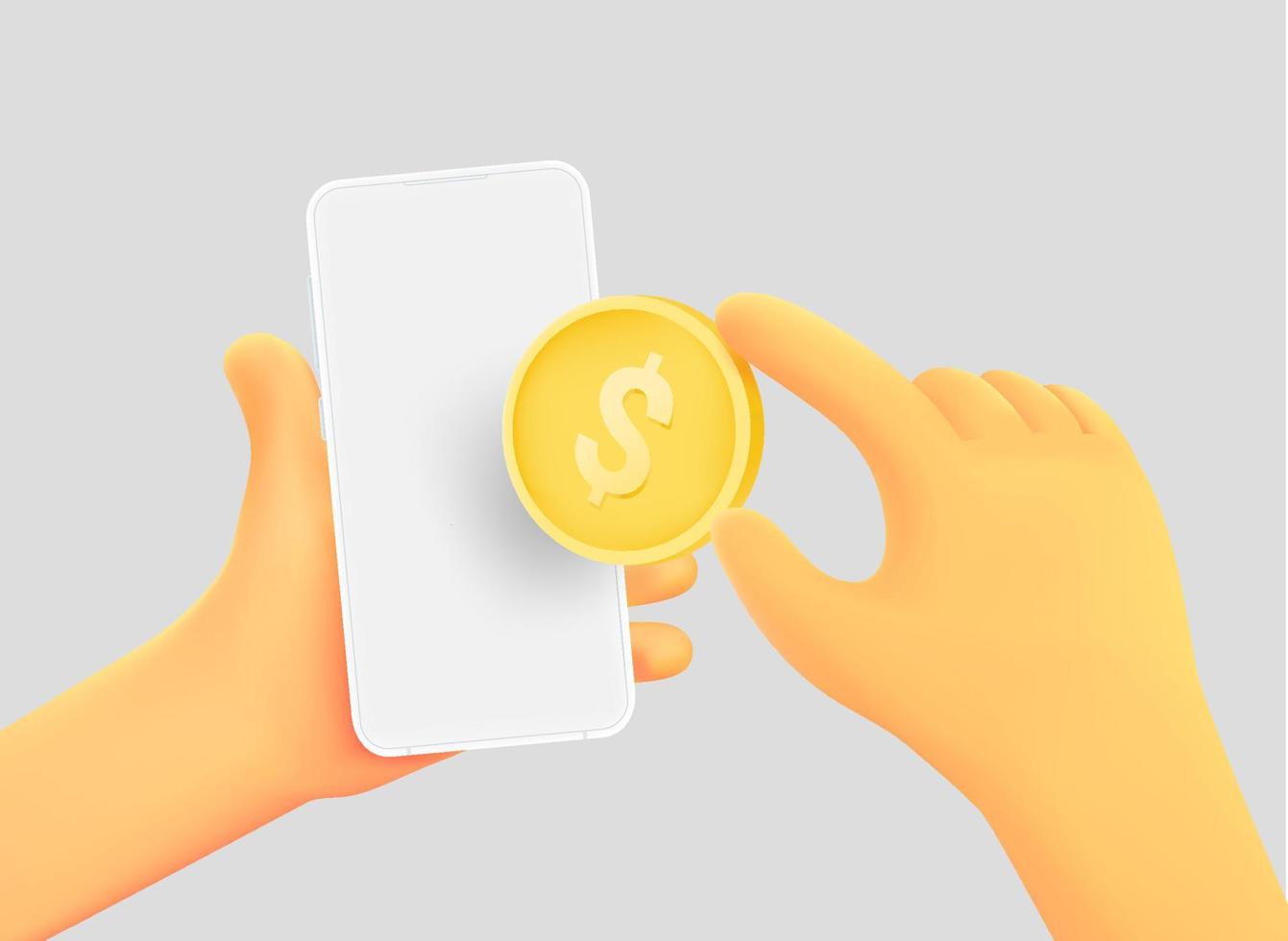 hand met smartphone met dollar munt. betalen via smartphone. 3d vectorillustratie vector