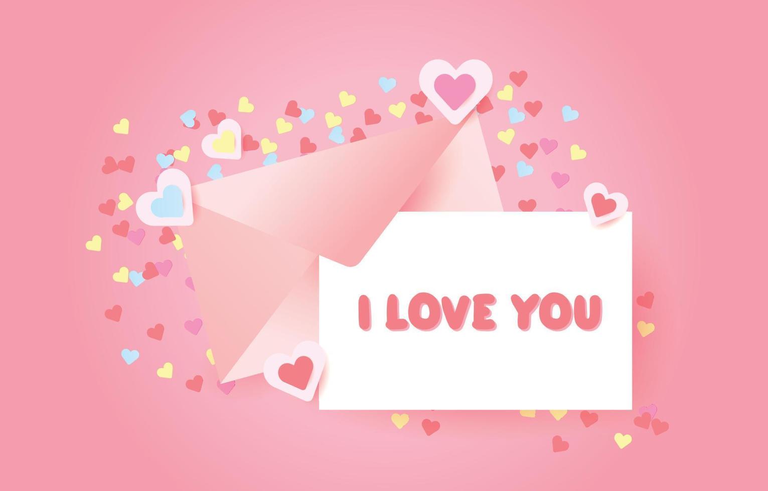 roze geopende envelop met bericht ik hou van je. brief op Valentijnsdag en hart op gekleurde achtergrond. bovenaanzicht Valentijnsdag papier gesneden concept. vectorillustratie, romantische en gezellige pastelkleuren. vector