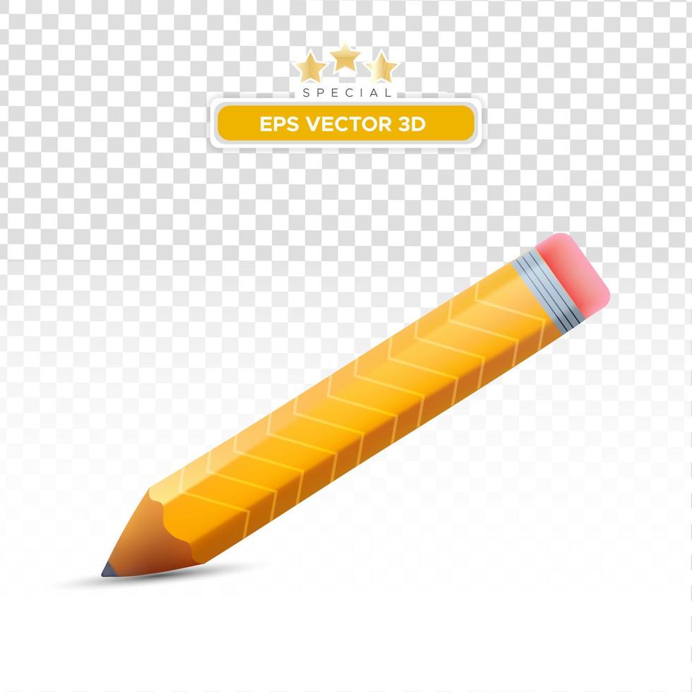 geel 3D-realistisch potlood. volumetrisch houten object om te schrijven en te tekenen. vector kort geel potlood, realistische potlood geïsoleerde cartoon met rubberen gum. vector geïsoleerd pictogram