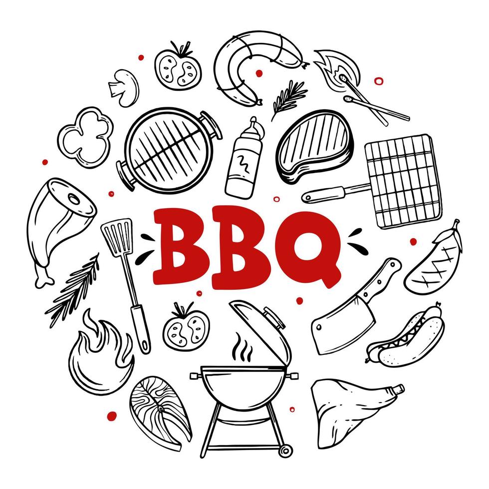 bbq handgetekende menu-items van restaurant bar café vectorillustratie van barbecue eten doodles vector