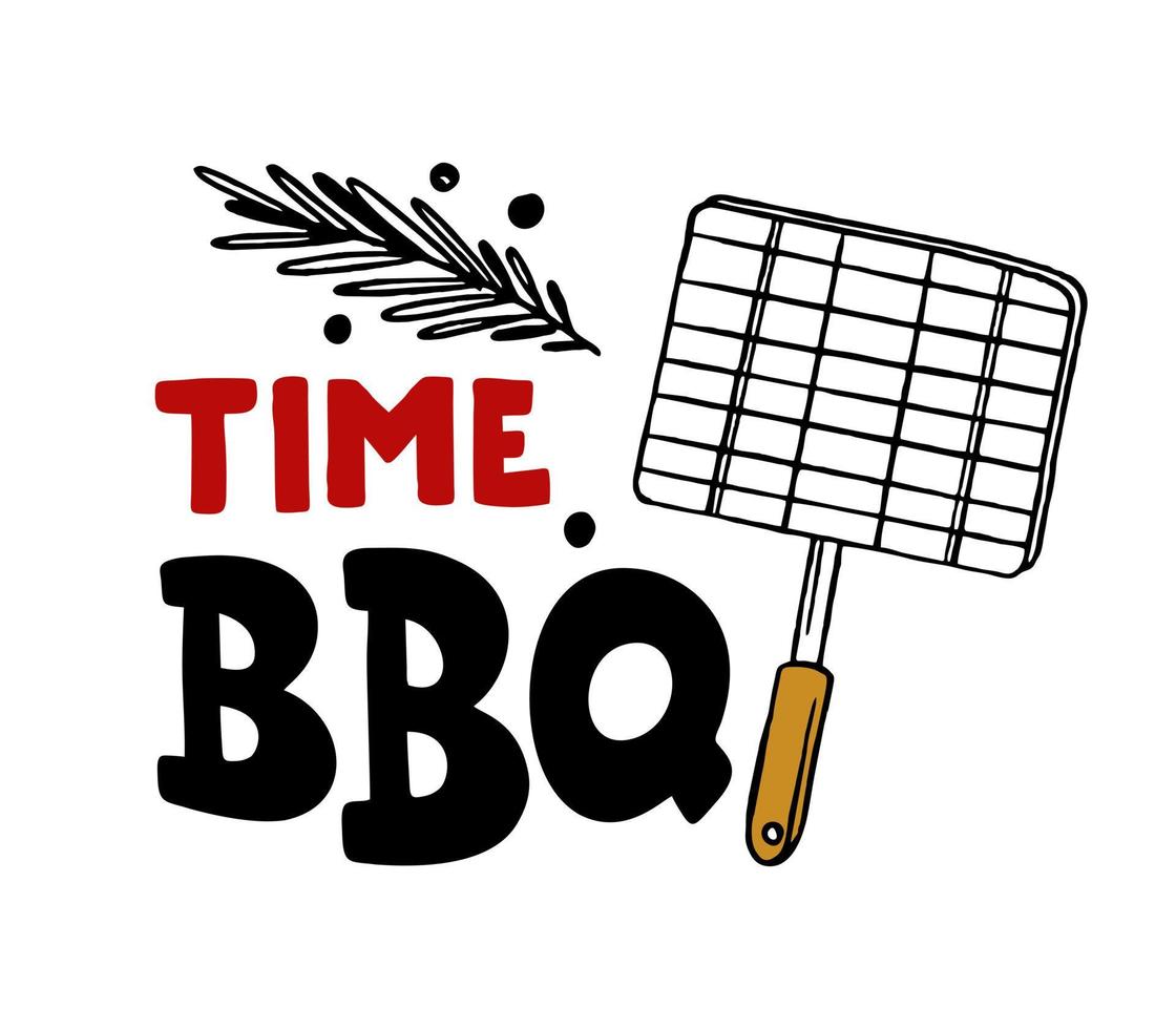 BBQ-tijd handgetekende inscriptie slogan food court embleem menu restaurant bar café vectorillustratie grill vector