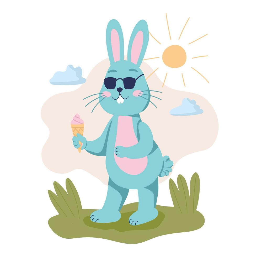het konijnenkarakter in zonnebril houdt een ijsje in zijn handen. zomerstemming, juni. platte vectorillustratie vector