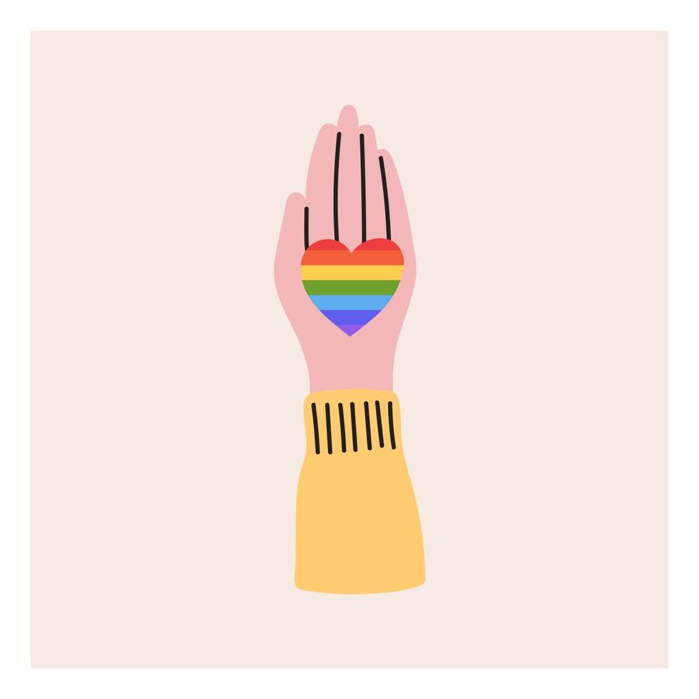 de hand houdt het lgbt-hart vast. trotsmaand, lgbt-vlag, regenboog. platte vectorillustratie vector