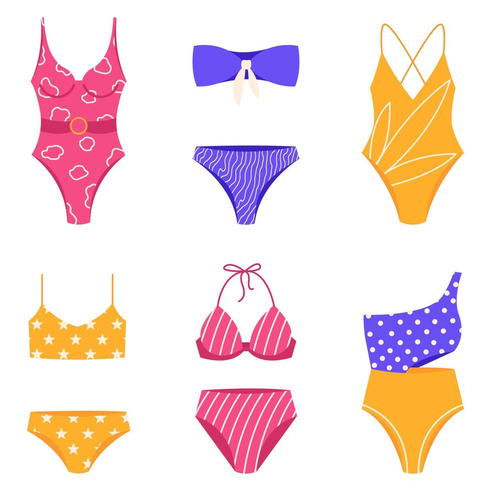 vrouwelijke badmode. set van kleurrijke dames zwemkleding. mode bikini collectie. vectorillustratie geïsoleerd op een witte achtergrond vector