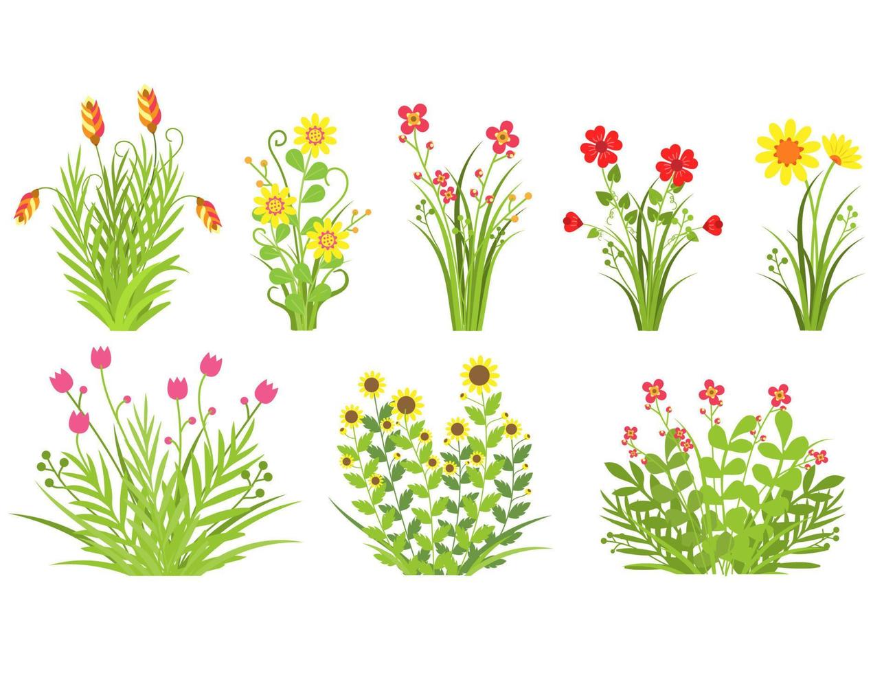 kleur bloemen, bloemen en gras bladeren lente concept plat ontwerp stijl .vector illustratie vector