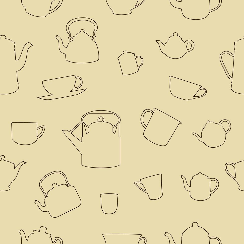 bewerkbare vector van omtrek stijl traditionele koffie of thee kopjes en potten illustratie pictogram naadloze patroon