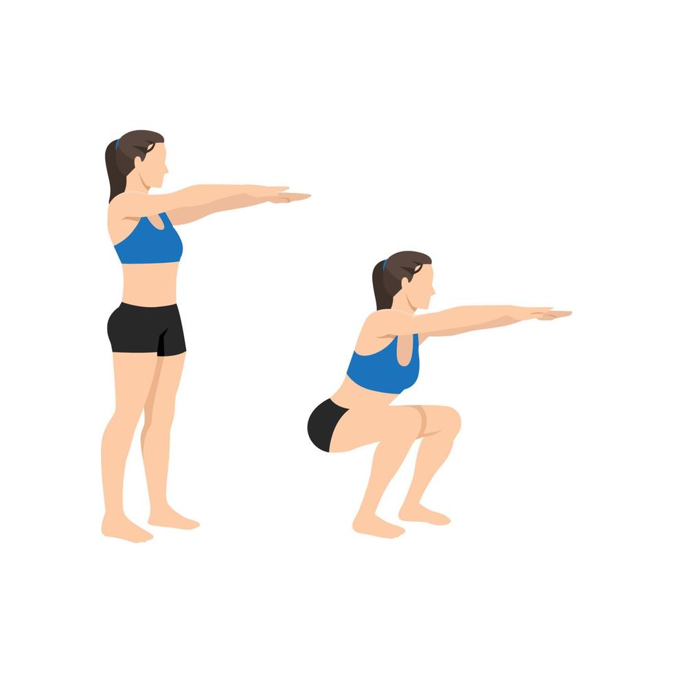 vrouw doet lichaamsgewicht squat oefening. platte vectorillustratie geïsoleerd op een witte achtergrond vector
