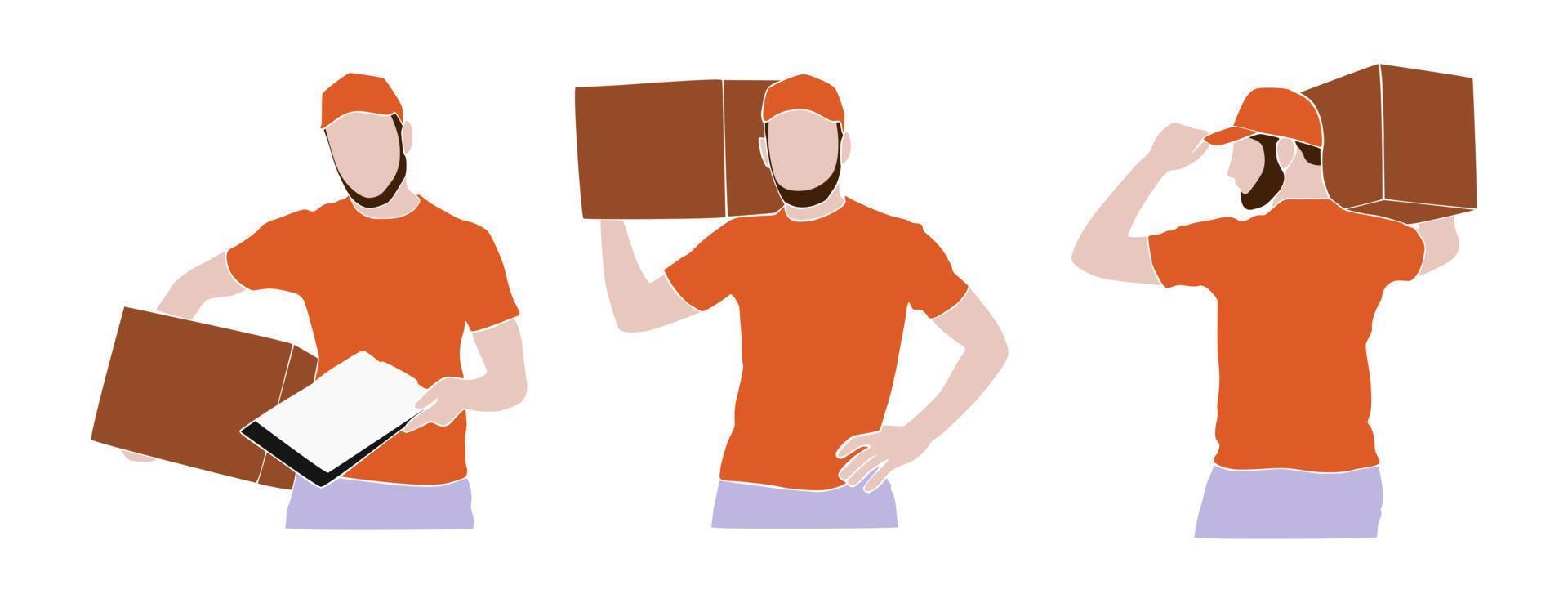 set van levering mannen portret dragen rood uniform. bebaarde man, een koerier met een pet die een doos met een pakketje vasthoudt. postbode bracht het pakket. online levering. platte illustratie in mozaïekstijl vector