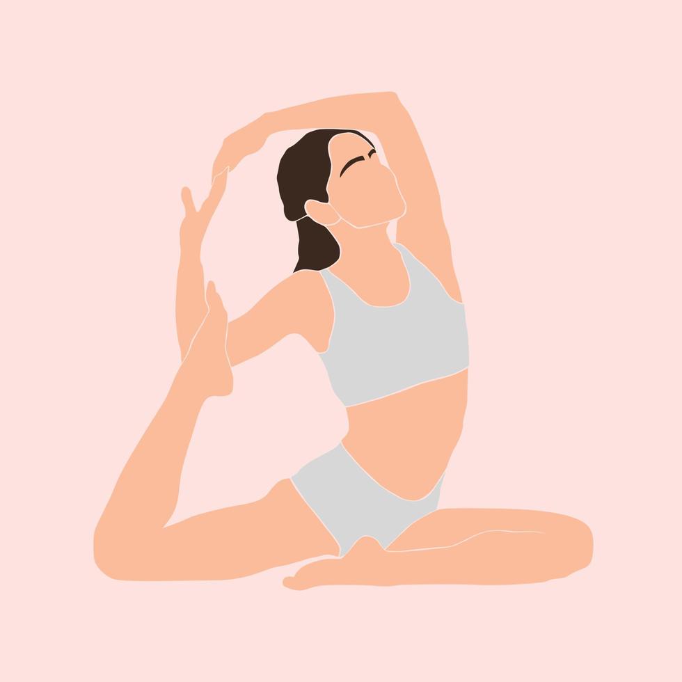 abstract jong meisje dat yoga beoefent in pastelkleuren. vrouw die evenwichtsasana's beoefent. hedendaagse kunst. gewichtsverlies. gezondheid levensstijl. rust en ontspanning. met de hand getekende vlakke afbeelding vector