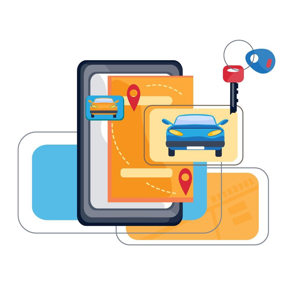 autodelen, taxiservice of verhuur mobiel applicatieconcept. interfaceontwerp van stedelijke openbaarvervoersdiensten met een telefoonscherm en auto's. platte vectorillustratie geïsoleerd. vector