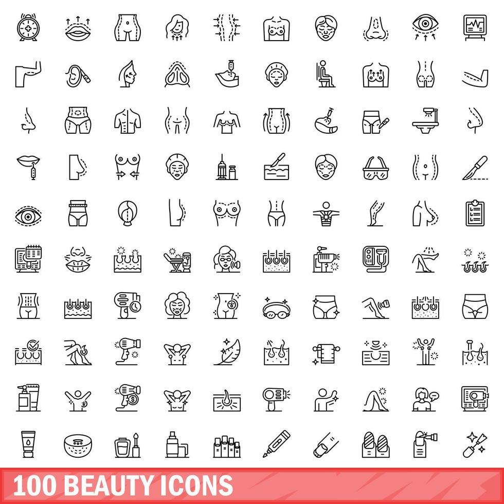 100 schoonheid iconen set, Kaderstijl vector