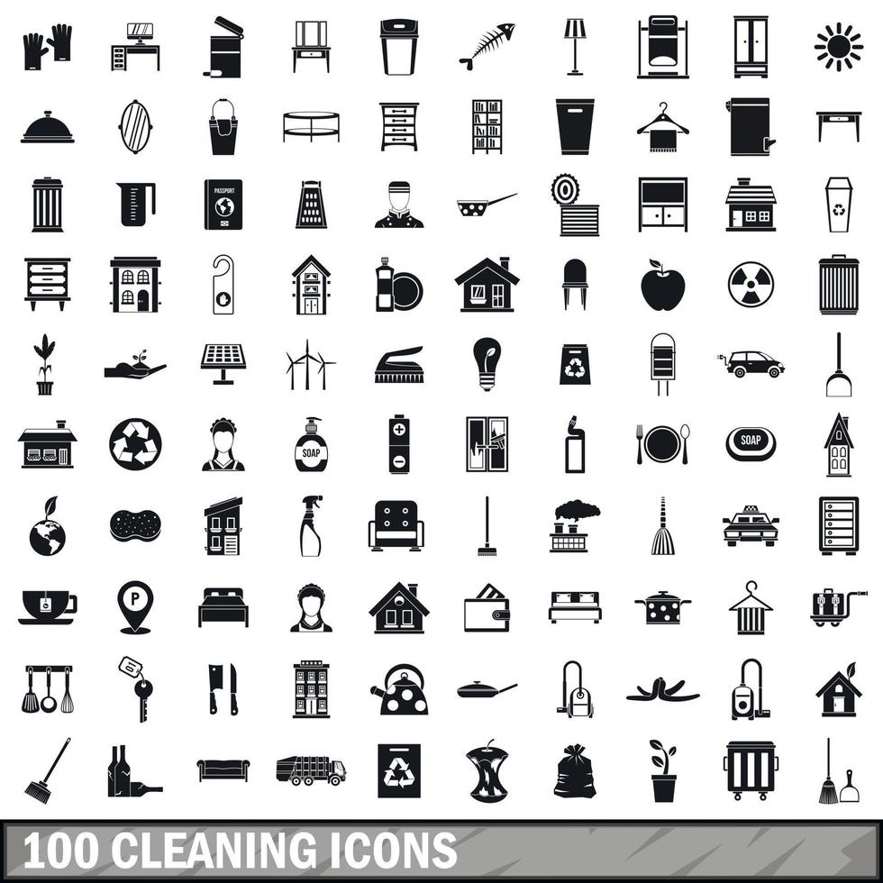 100 schoonmaak iconen set, eenvoudige stijl vector