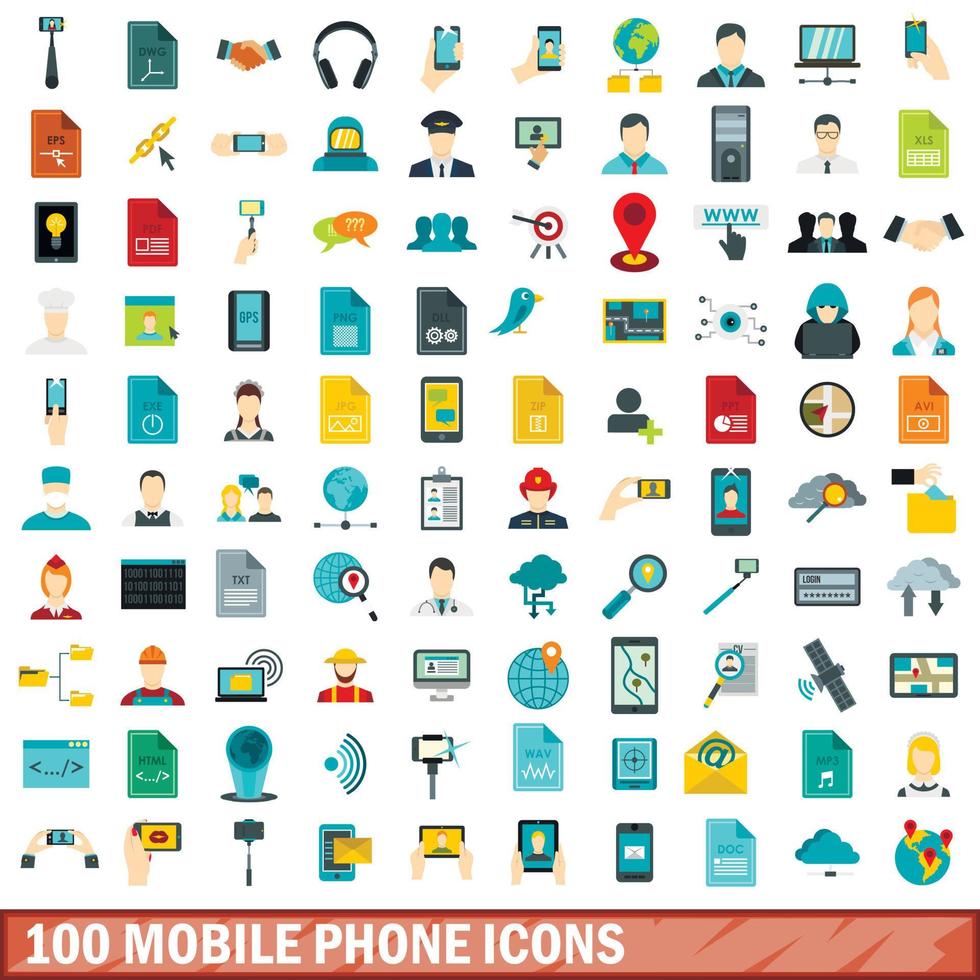 100 mobiele telefoon iconen set, vlakke stijl vector