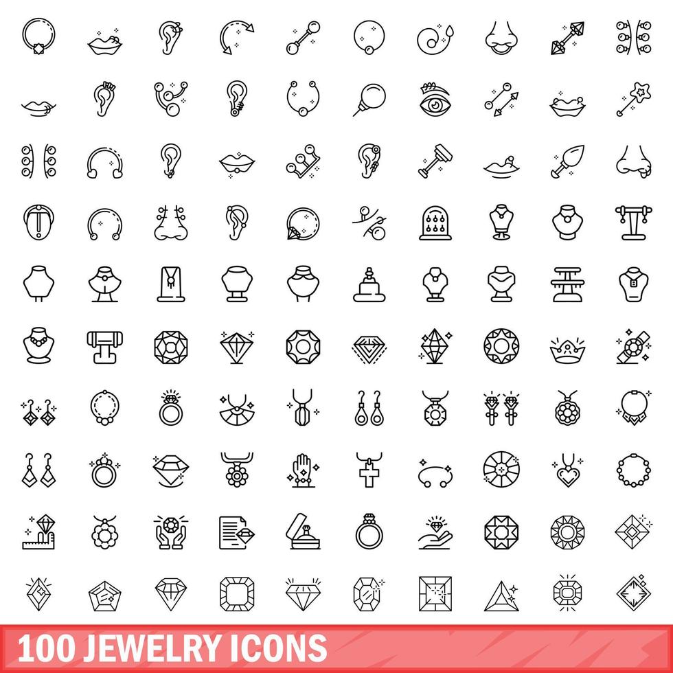 100 sieraden iconen set, Kaderstijl vector