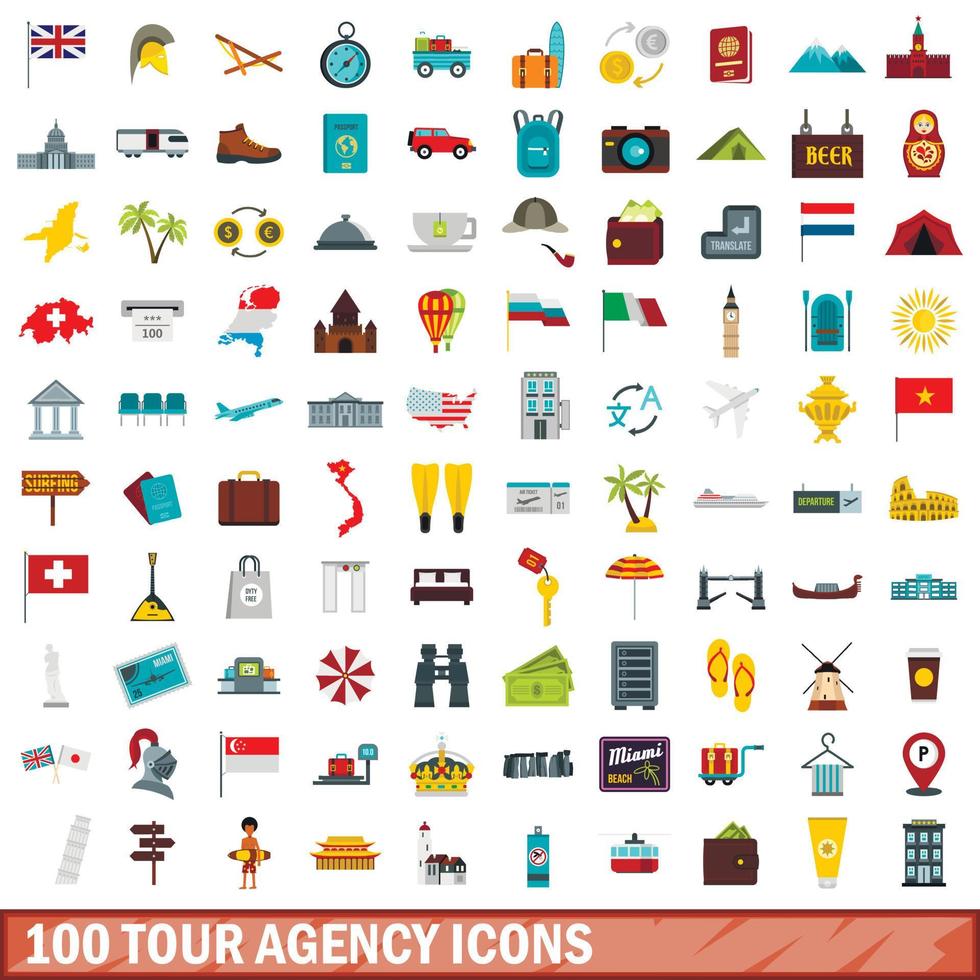 100 reisbureau iconen set, vlakke stijl vector