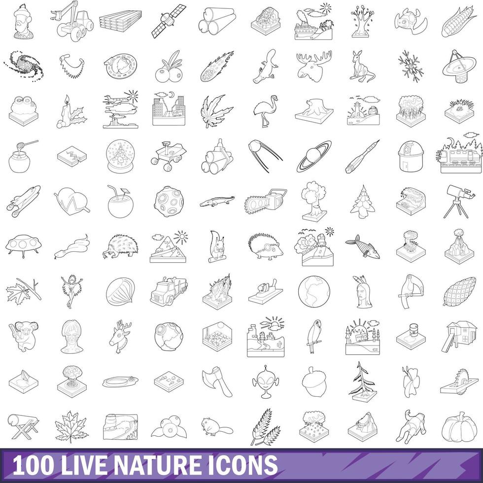 100 live natuur iconen set, Kaderstijl vector