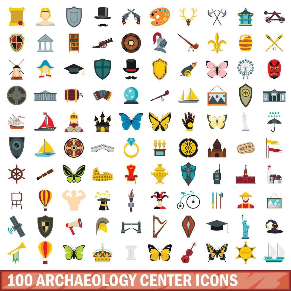 100 archeologie centrum iconen set, vlakke stijl vector