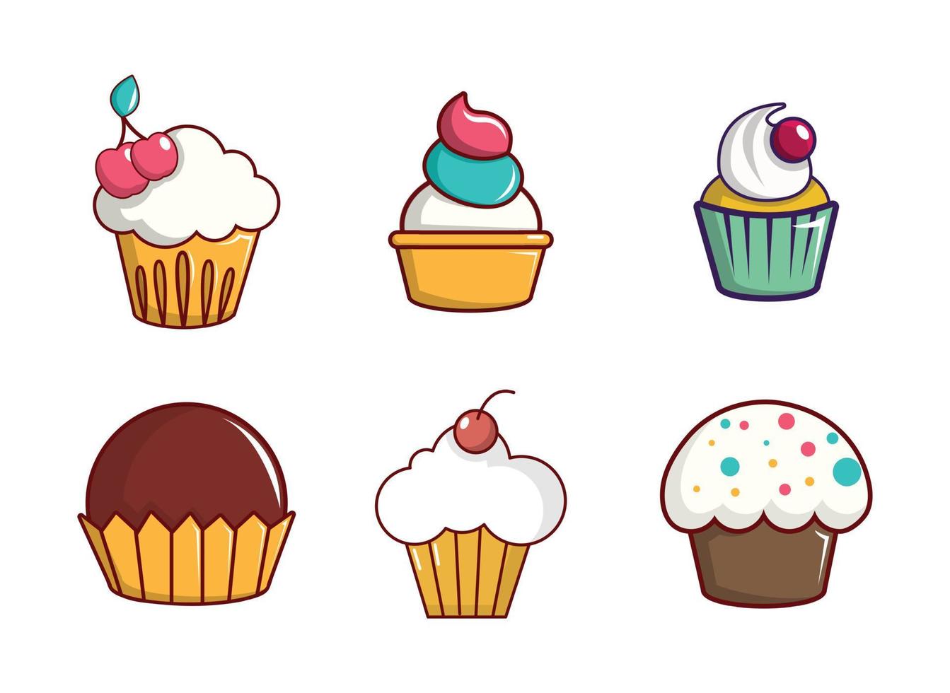 cupcake pictogrammenset, cartoon stijl vector