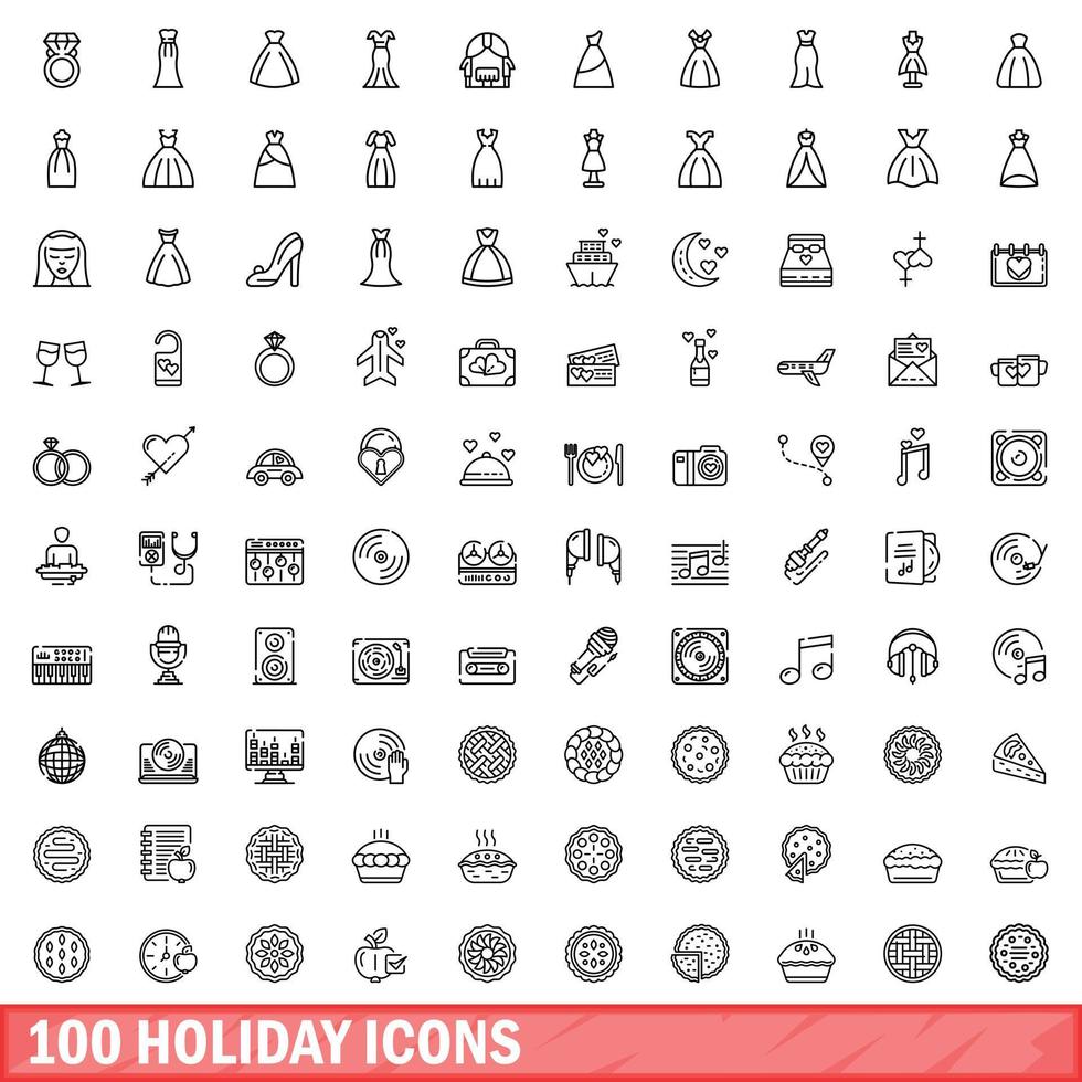 100 vakantie iconen set, Kaderstijl vector