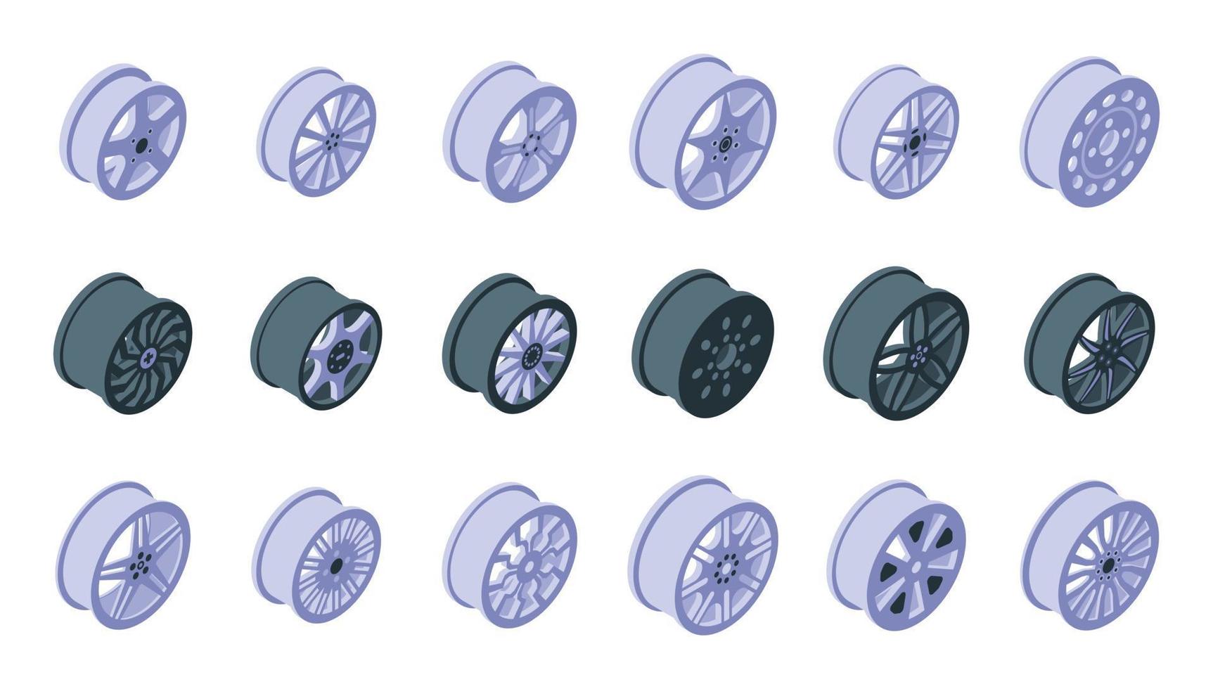 aluminium wielen pictogrammen instellen isometrische vector. auto fabriek vector