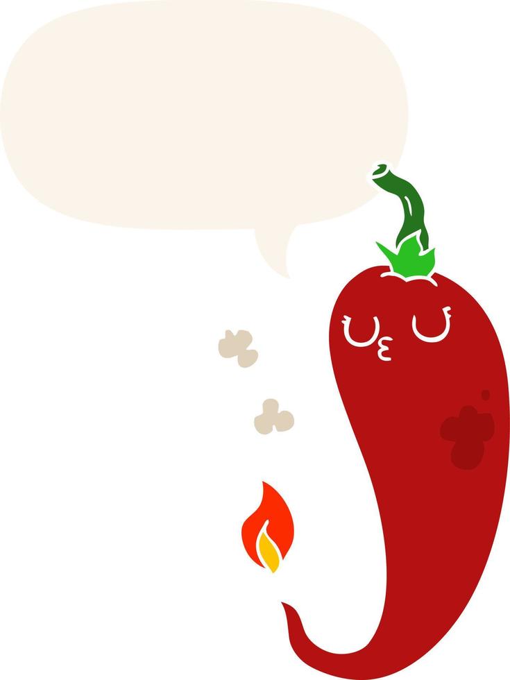 cartoon hete chili peper en tekstballon in retro stijl vector