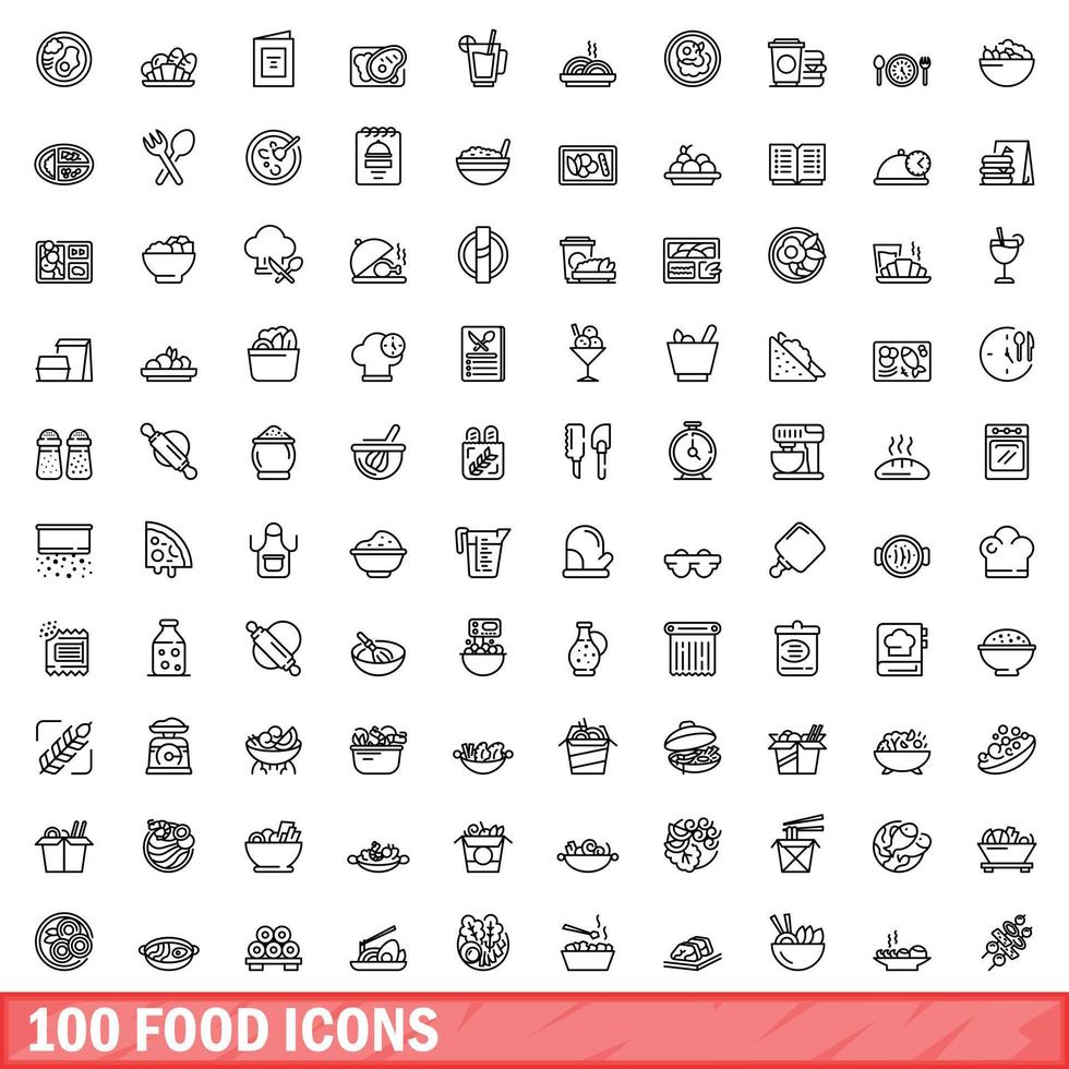100 voedsel iconen set, Kaderstijl vector