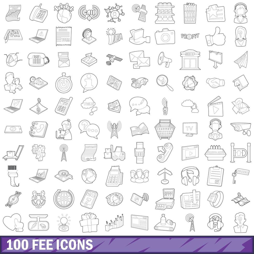 100 kosten iconen set, Kaderstijl vector