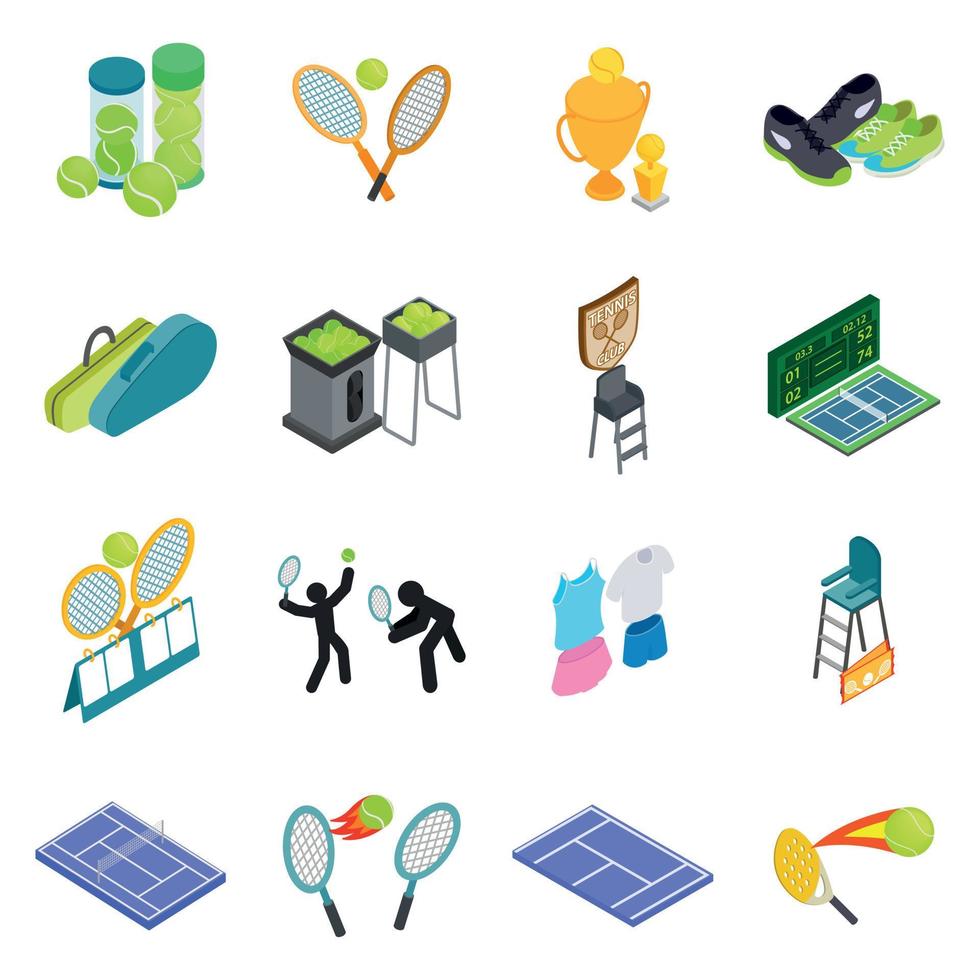 tennis iconen set, isometrische stijl vector