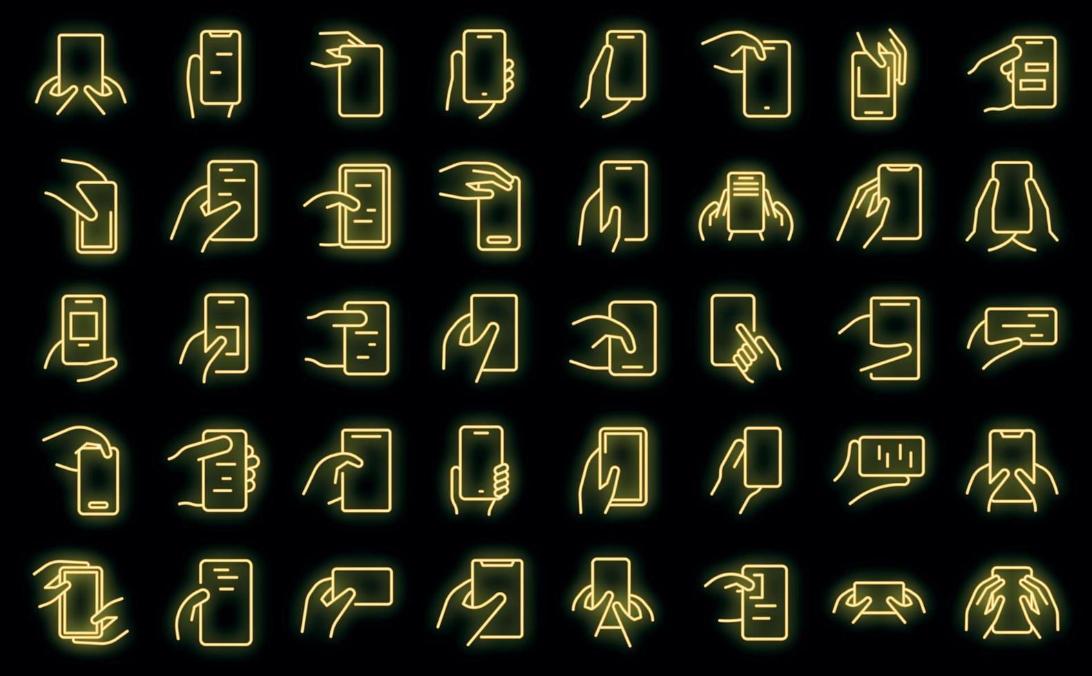 hand met telefoon pictogrammen instellen vector neon