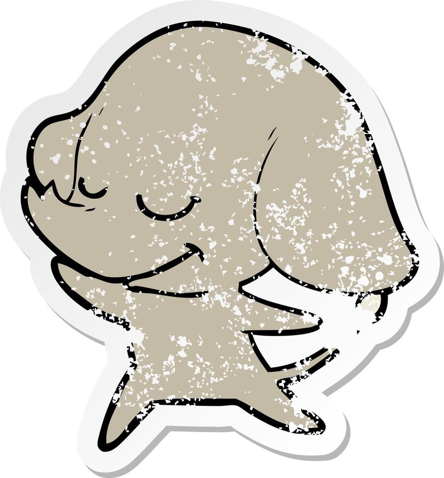 verontruste sticker van een cartoon lachende olifant vector