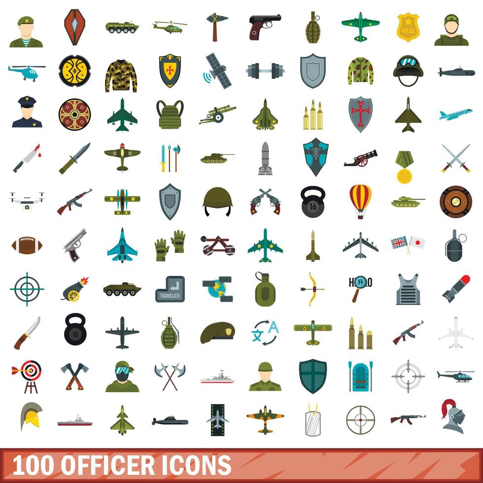 100 officier iconen set, vlakke stijl vector