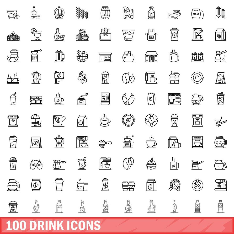 100 drank iconen set, Kaderstijl vector