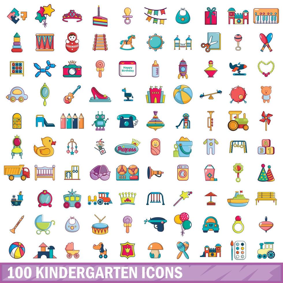 100 kleuterschool iconen set, cartoon stijl vector