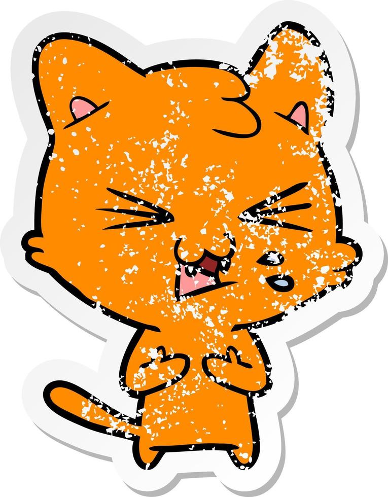 verontruste sticker van een cartoon sissende kat vector