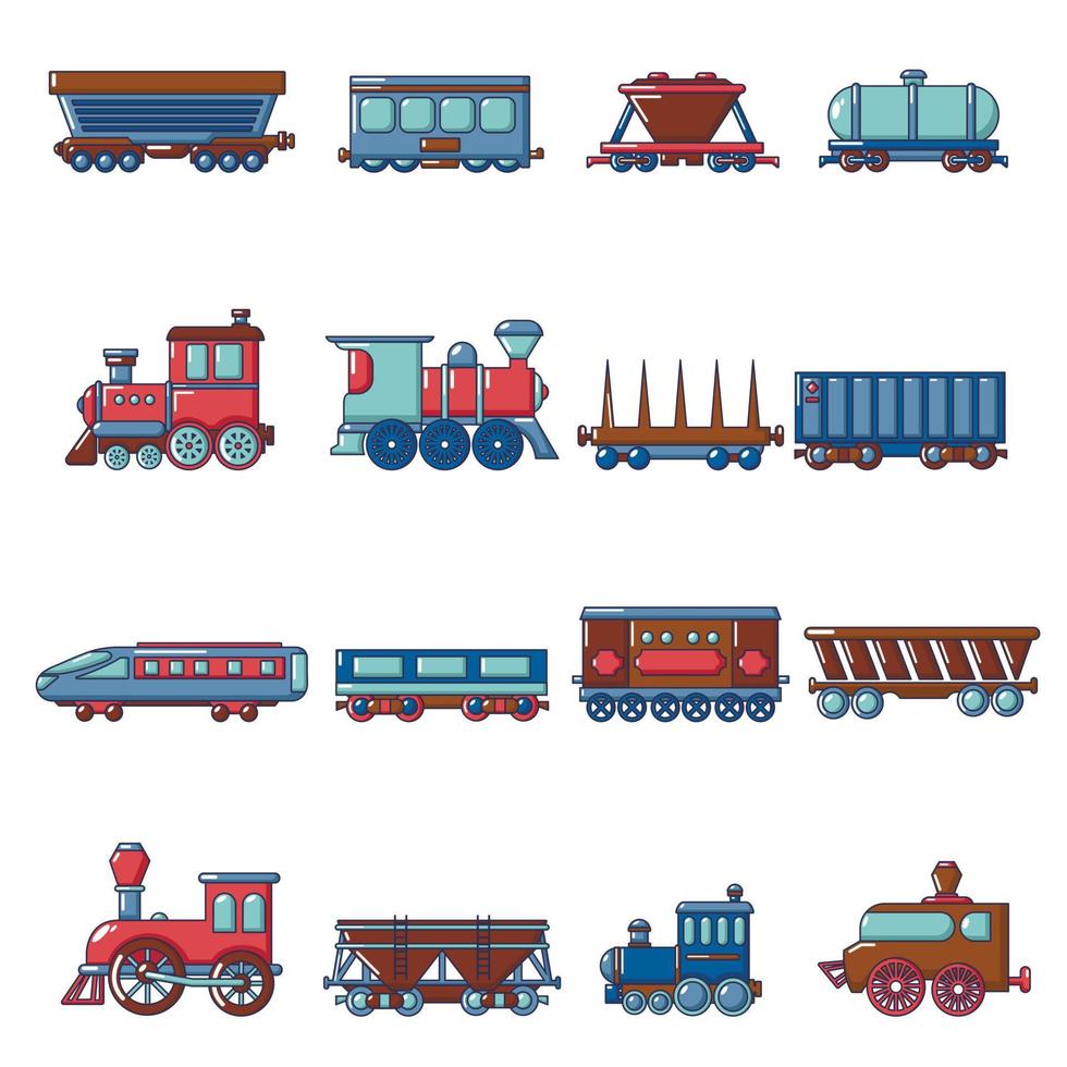 treinwagon iconen set, cartoon stijl vector