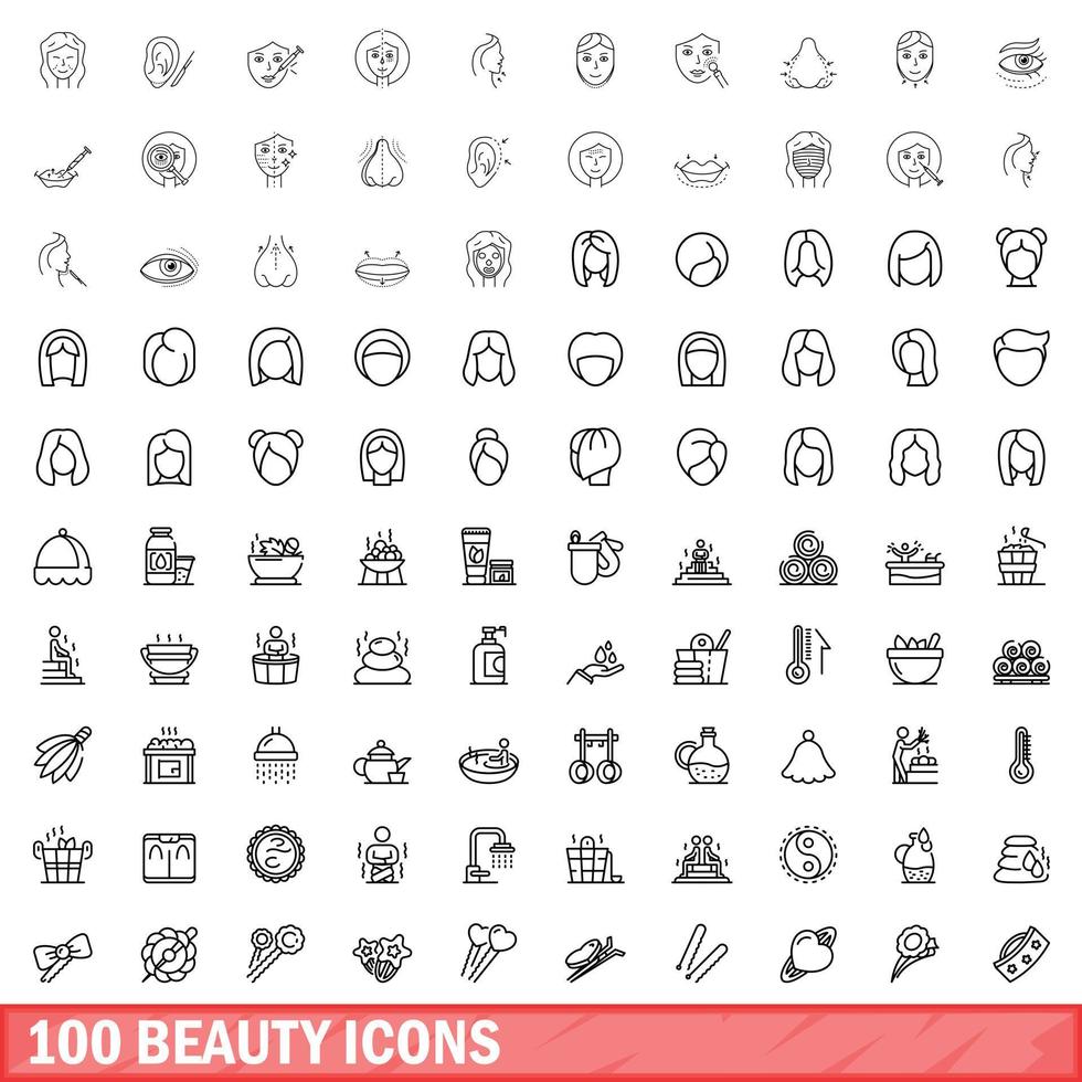 100 schoonheid iconen set, Kaderstijl vector