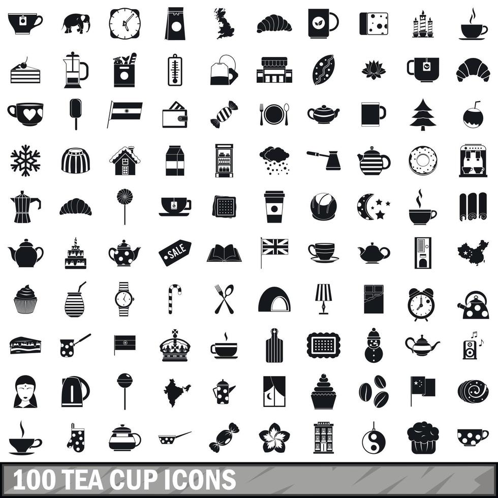 100 theekop iconen set, eenvoudige stijl vector