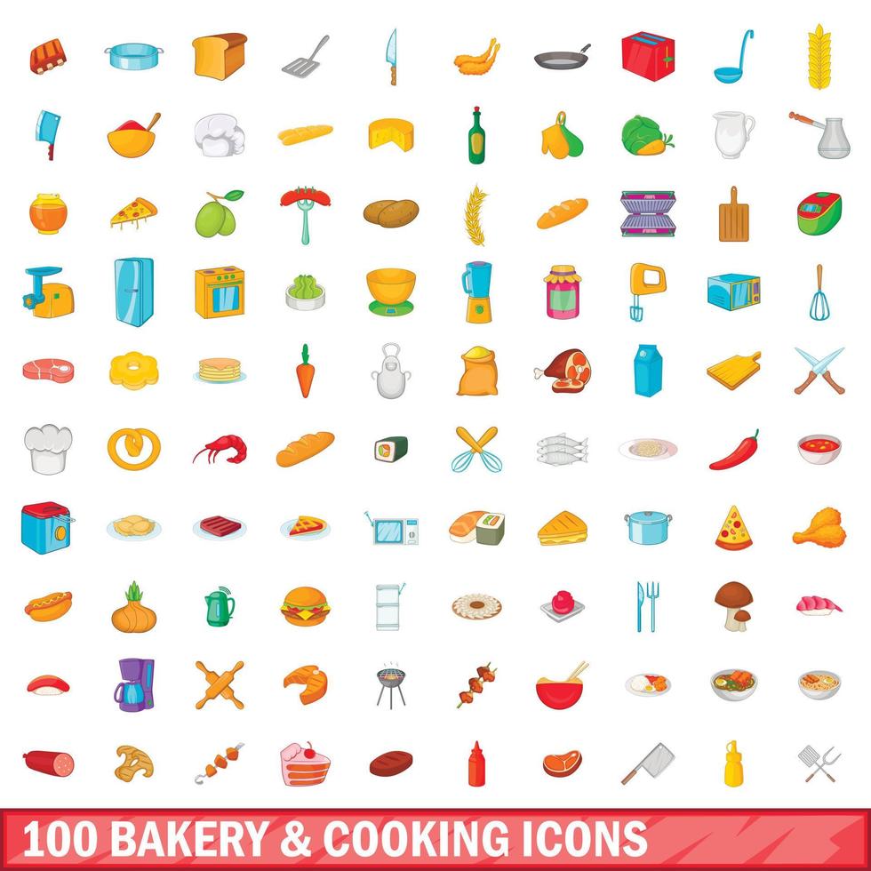 100 bakkerij en koken iconen set, cartoon stijl vector