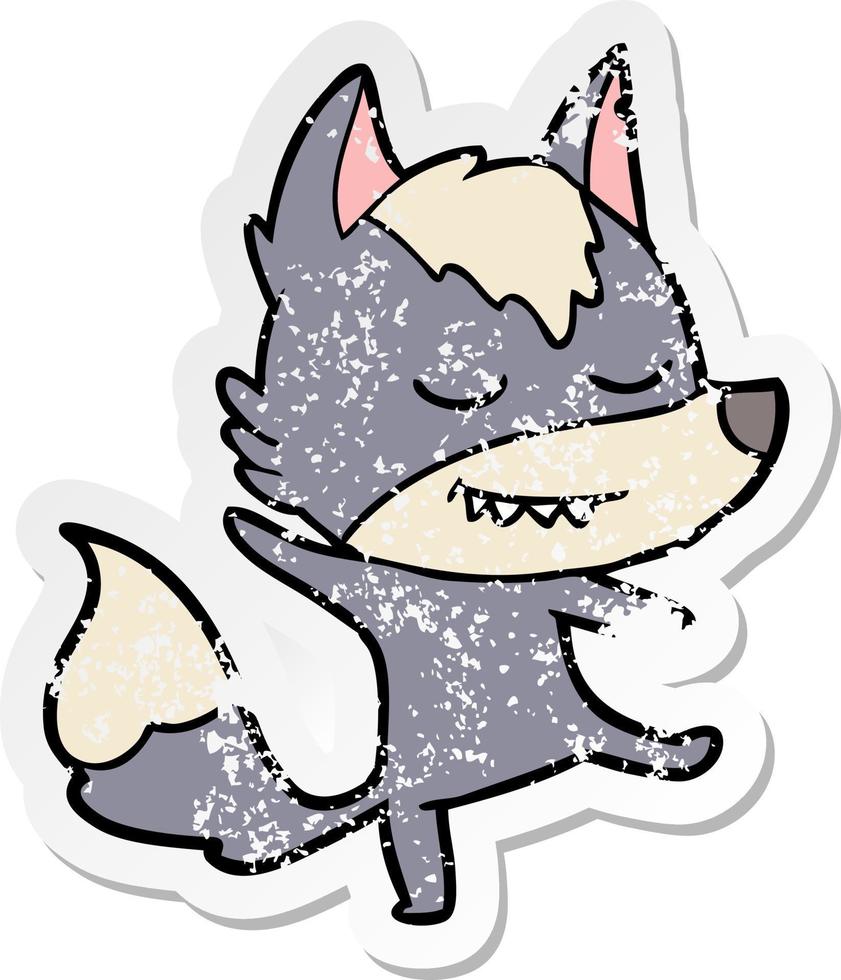 verontruste sticker van een vriendelijke cartoon wolf balanceren vector