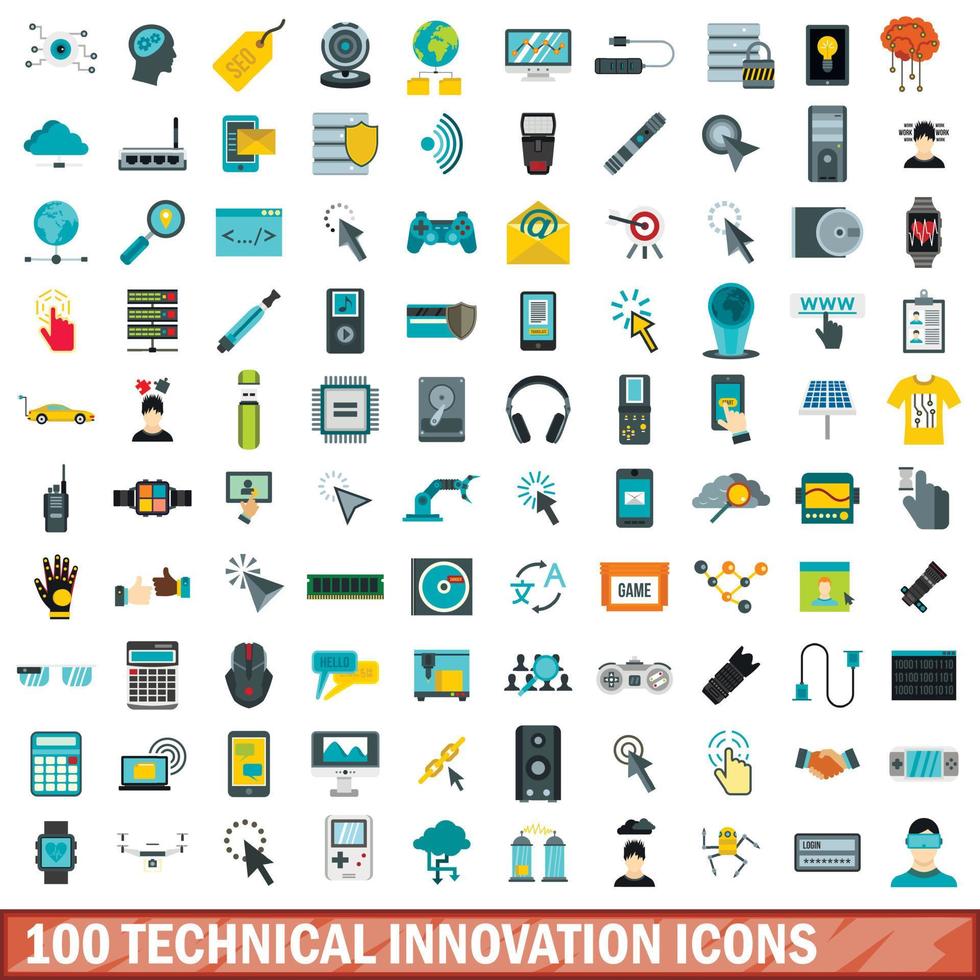 100 technische innovatie iconen set, vlakke stijl vector