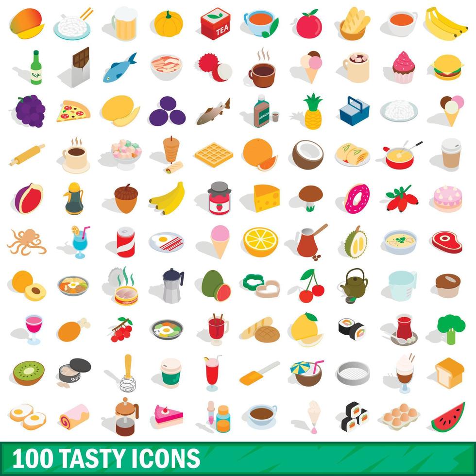 100 smakelijke iconen set, isometrische 3D-stijl vector